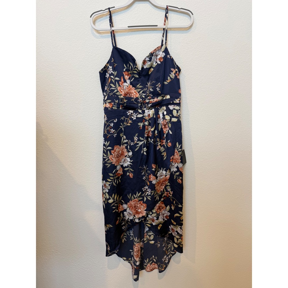 Lulus Navy Blue Floral Satin High Low Midi Dress Women Medium Wedding Guest NWT